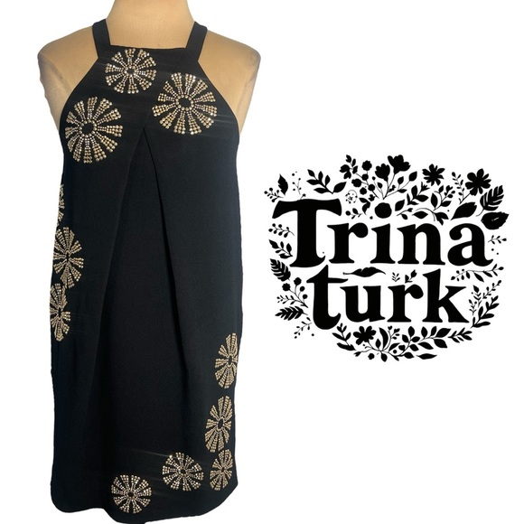 Trina Turk Black retro mod mini dress with gold starburst embellishments Size 4 - Picture 6 of 9